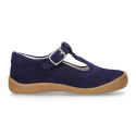 Classic suede leather T-strap shoes with toe cap and buckle fastening.