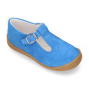Classic suede leather T-strap shoes with toe cap and buckle fastening.