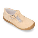 Classic suede leather T-strap shoes with toe cap and buckle fastening.