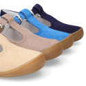 Classic suede leather T-strap shoes with toe cap and buckle fastening.