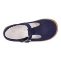 Classic suede leather T-strap shoes with toe cap and buckle fastening.