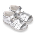 Metal finish leather sandals for little girls with hook and loop strap and EXTRA FLEXIBLE outsole.