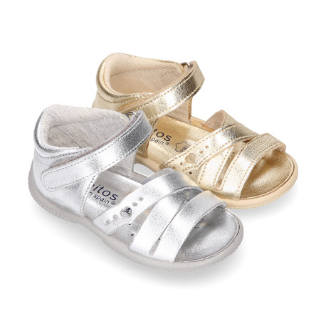 Metal finish leather sandals for little girls with hook and loop strap and EXTRA FLEXIBLE outsole.