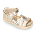Metal finish leather sandals for little girls with hook and loop strap and EXTRA FLEXIBLE outsole.