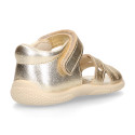 Metal finish leather sandals for little girls with hook and loop strap and EXTRA FLEXIBLE outsole.