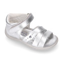 Metal finish leather sandals for little girls with hook and loop strap and EXTRA FLEXIBLE outsole.