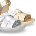 Metal finish leather sandals for little girls with hook and loop strap and EXTRA FLEXIBLE outsole.