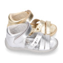 Metal finish leather sandals for little girls with hook and loop strap and EXTRA FLEXIBLE outsole.