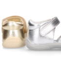 Metal finish leather sandals for little girls with hook and loop strap and EXTRA FLEXIBLE outsole.