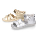 Metal finish leather sandals for little girls with hook and loop strap and EXTRA FLEXIBLE outsole.