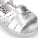 Metal finish leather sandals for little girls with hook and loop strap and EXTRA FLEXIBLE outsole.