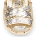 Metal finish leather sandals for little girls with hook and loop strap and EXTRA FLEXIBLE outsole.