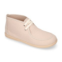 Cotton canvas Wallabee style bootie shoes with ties closure.