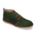 Suede leather ankle boots Oxford style with shoelaces and outsole in contrast.