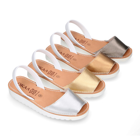 New metal finish leather Menorquina sandals with white soles.