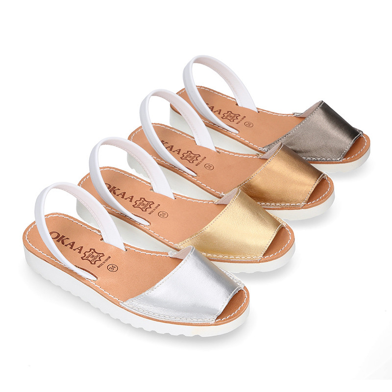 New metal finish leather Menorquina sandals with white soles