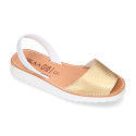 New metal finish leather Menorquina sandals with white soles.