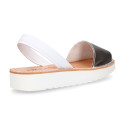 New metal finish leather Menorquina sandals with white soles.