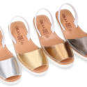 New metal finish leather Menorquina sandals with white soles.