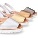 New metal finish leather Menorquina sandals with white soles.