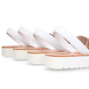 New metal finish leather Menorquina sandals with white soles.