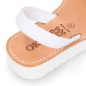 New metal finish leather Menorquina sandals with white soles.