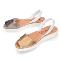 New metal finish leather Menorquina sandals with white soles.