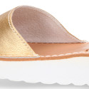 New metal finish leather Menorquina sandals with white soles.