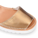 New metal finish leather Menorquina sandals with white soles.