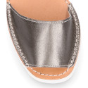 New metal finish leather Menorquina sandals with white soles.