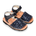 GLITTER effect Menorquina sandals with hook and loop strap.