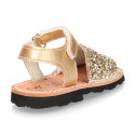 GLITTER effect Menorquina sandals with hook and loop strap.