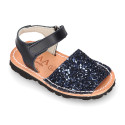 GLITTER effect Menorquina sandals with hook and loop strap.