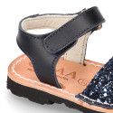 GLITTER effect Menorquina sandals with hook and loop strap.