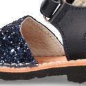 GLITTER effect Menorquina sandals with hook and loop strap.