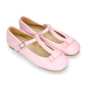 Soft leather T-strap little Mary Jane shoes with ribbon and buckle fastening.