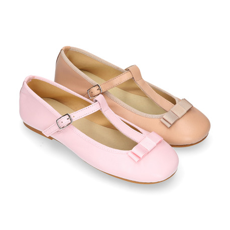 Soft leather T-strap little Mary Jane shoes with ribbon and buckle fastening.