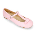 Soft leather T-strap little Mary Jane shoes with ribbon and buckle fastening.