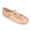 Soft leather T-strap little Mary Jane shoes with ribbon and buckle fastening.