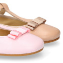 Soft leather T-strap little Mary Jane shoes with ribbon and buckle fastening.