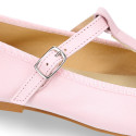 Soft leather T-strap little Mary Jane shoes with ribbon and buckle fastening.