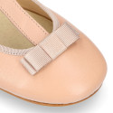 Soft leather T-strap little Mary Jane shoes with ribbon and buckle fastening.