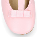 Soft leather T-strap little Mary Jane shoes with ribbon and buckle fastening.