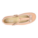Soft leather T-strap little Mary Jane shoes with ribbon and buckle fastening.