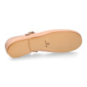 Soft leather T-strap little Mary Jane shoes with ribbon and buckle fastening.