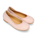 Classic suede leather ballet flat shoes with little dots printed.