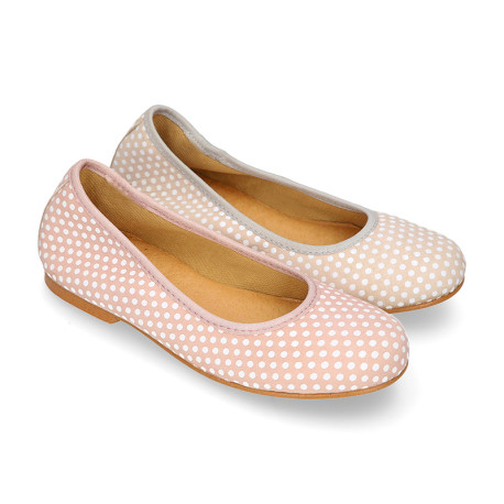 Classic suede leather ballet flat shoes with little dots printed.