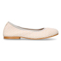 Classic suede leather ballet flat shoes with little dots printed.