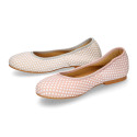 Classic suede leather ballet flat shoes with little dots printed.