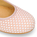 Classic suede leather ballet flat shoes with little dots printed.